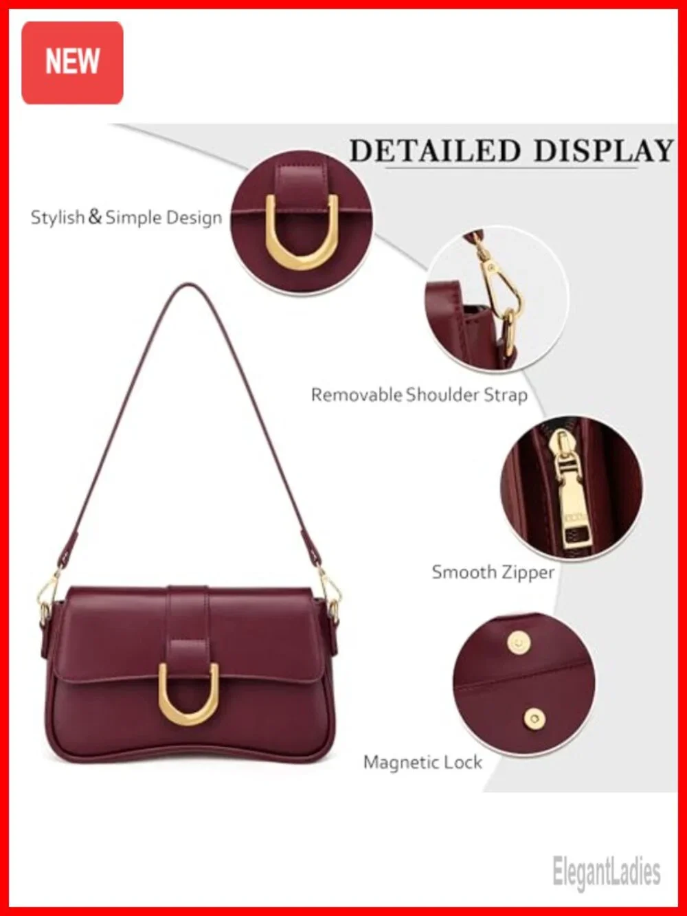 Small Hobo Shoulder Bag Vegan Leather Retro Clutch Purse Removable Strap